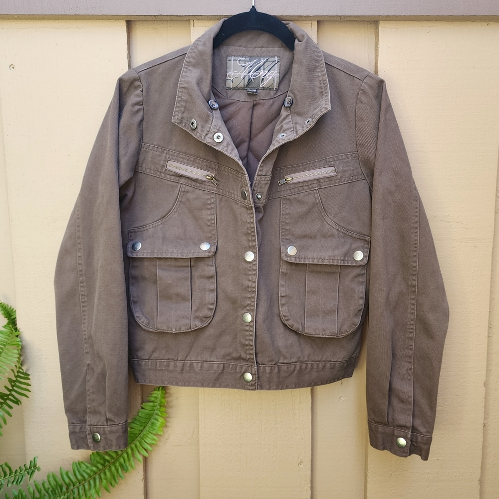 MNG by Mango Brown Denim Jacket Cropped Snap Closure Pockets Women XS *READ*